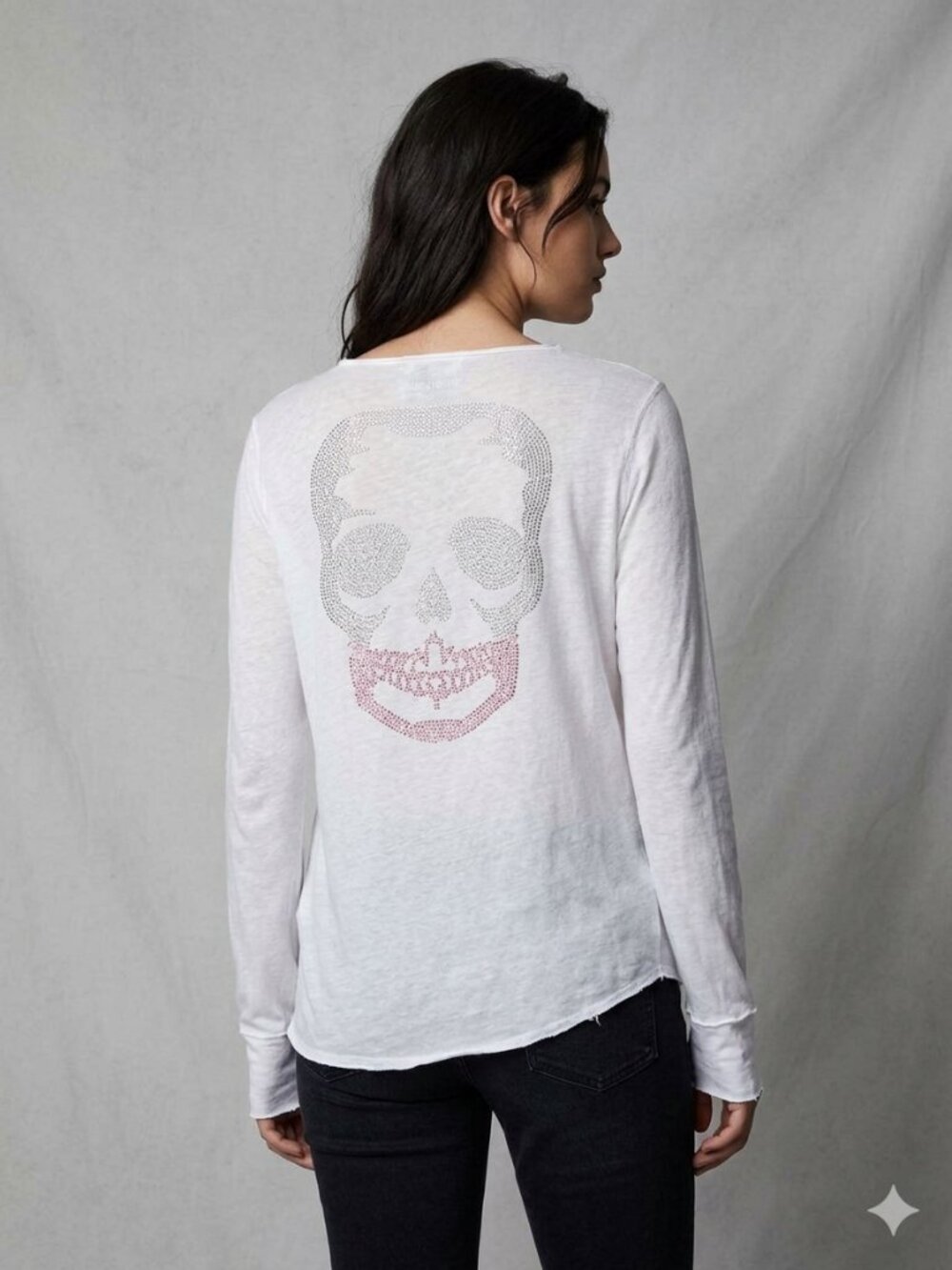 'Zadig & Voltaire'  Rhinestone Skull Henley White Long Sleeve Tee